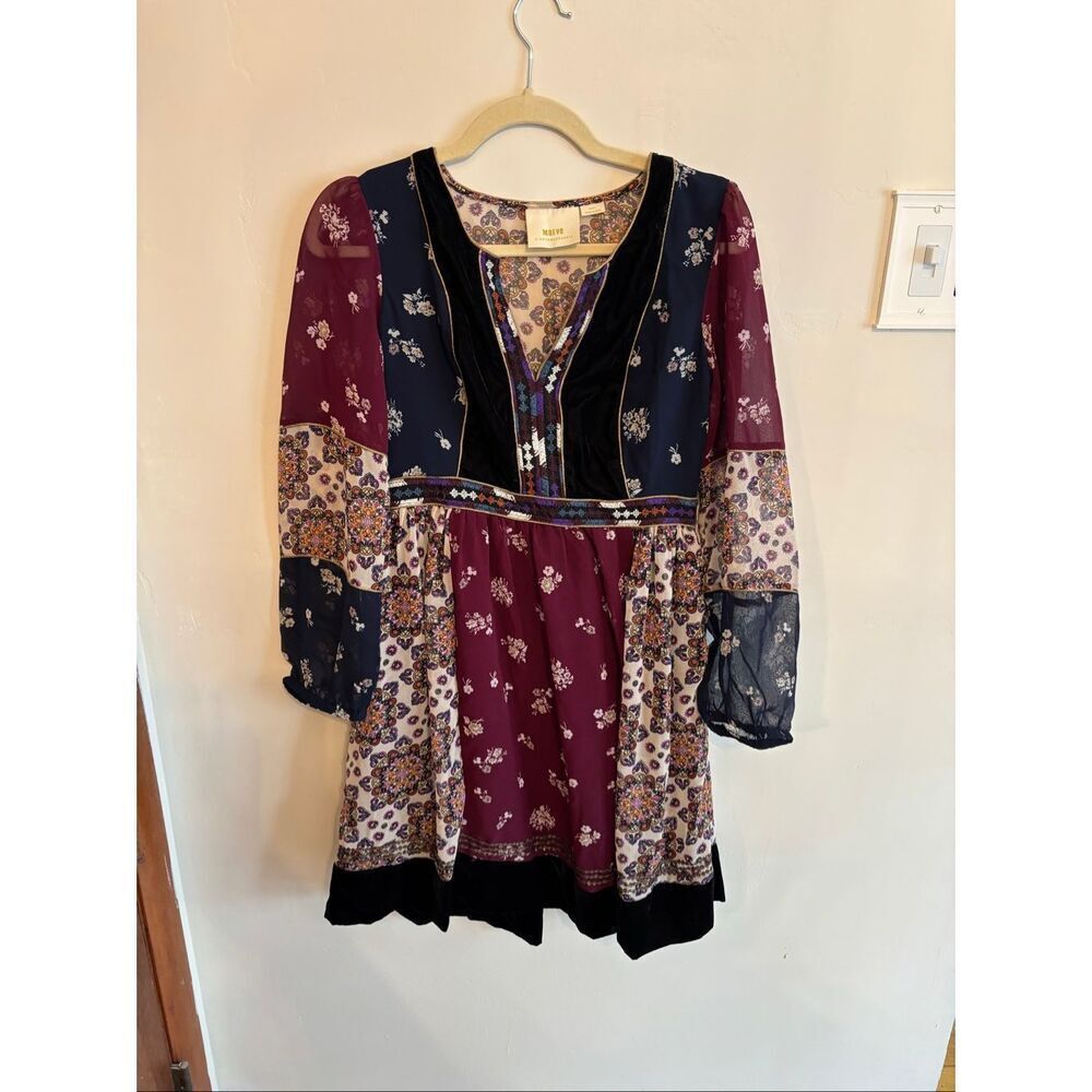 Anthropologie Maeve Boho Quartier Latin Burgundy Chiffon Velvet Dress Size Small - Picture 2 of 8